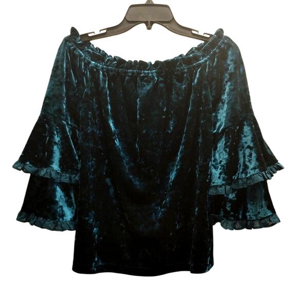 Beige by ECI Size Medium Green Teal Velvet Ruffle Fairy Boho On/Off Shoulder Top - Picture 1 of 5